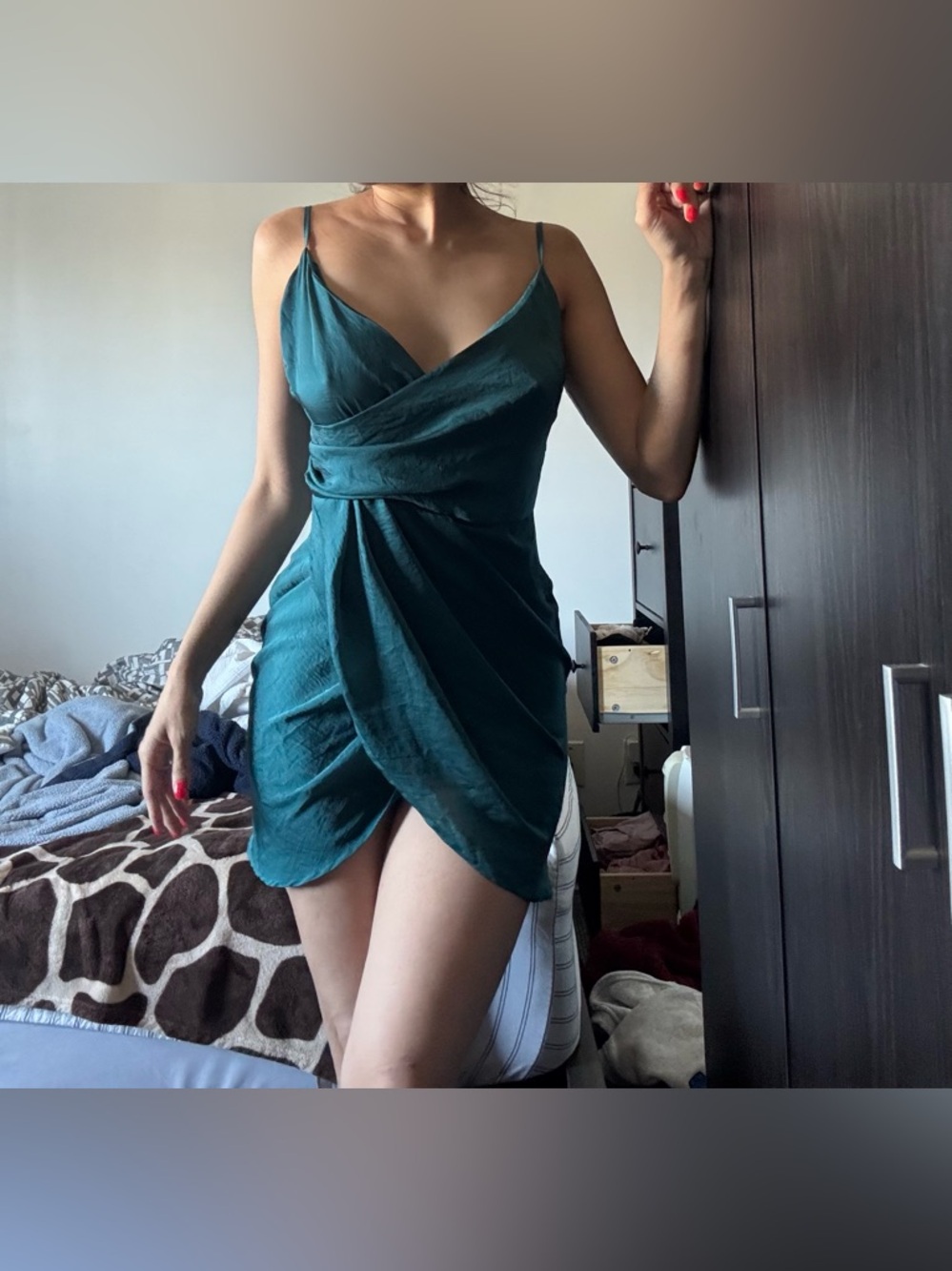 MISGUIDED Teal Wrap-Front Satin Mini Dress